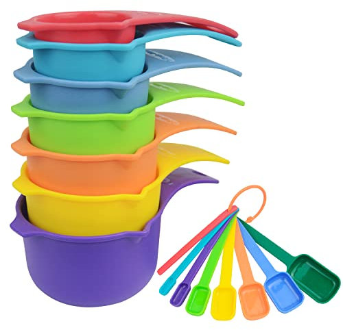 KETPOT Premium Plastic Measuring Cups & Spoons Set, 15 Pieces, Colourful Baking Measuring Cups for Dry & Liquid Ingredients