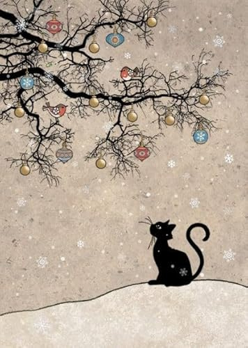 Bug Art Weihnachtskarten, Motiv: schwarze Katze und Rotkehlchen, geprägt, mit Folien-Details, umweltfreundlich und recycelbar, 8 Stück