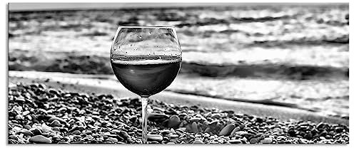 Quadro in vetro panoramico, da parete in vero vetro, bicchiere da vino sulla spiaggia, 120 x 50 cm, con sospensione e distanziatore