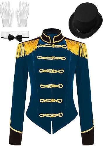 winying Zirkus Kostüm Damen Gothic Zirkusdirektorin Faschingskostüme 4 Stück Langarm Jacke mit Hut Schleifenkragen Handschuhe Karneval Dunkelblau S