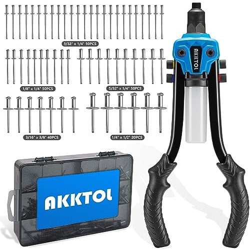 AKKTOL Rivet Gun Kit, 1/4 Pop Rivet Gun Kit with 210pcs Blind Rivets, Heavy Duty 13 Rivet Gun Tool with 5 Nosepieces incl. 3/16 & 1/8 for Metal, Gutter & Automotive