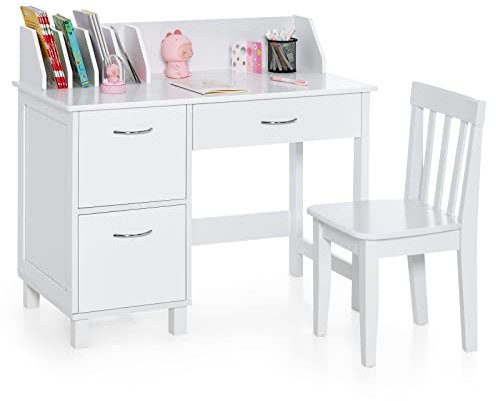 COSTWAY Kids Desk and Chair Set, Wooden Student Study Table with Drawer, Storage Cabinets & Tabletop Bookshelf, Children Writing Table Chair Set for 3-8 Years Old Boys & Girls (White)