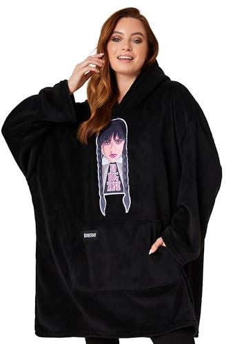 Wednesday Hoodie-Decke mit Ärmeln für Damen - One Size Oversize Hoodie Decke Kuscheldecke mit Kängurutasche (Schwarz)
