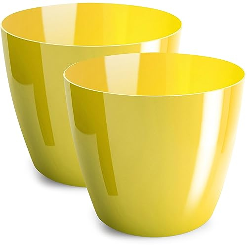 PECZEKO Macetas Brillantes Decorativas para Hierbas - Redondas de Plástico Duraderas y Ligeras - Para Salón, Comedor, Cocina, Terraza, Balcón - Juego de 2 Piezas (Amarillo, Diámetro 14 cm)