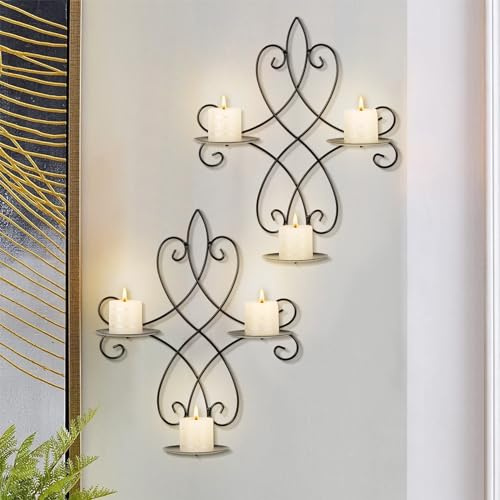 AHUONEL Wall Candle Sconce Holder Set of 2, Metal Wall Sconces Decor Hanging Wall Mounted Candle Stick Holder, Black Candlestick Holders Wall Decor for Bedroom Living Room Dining Room, 14.4×11.8