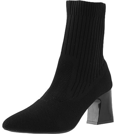 Stivali corti versatili a punta tacchi spessi tacchi alti calzini elastici lavorati a maglia stivali da tessitura volanti stivali da donna in pelle scamosciata stivali piatti per le donne, Nero , 38