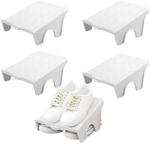 Kayuneed 4 Stück rutschfest Schuhhalter, Schuhschlitz Organizer, Doppelschicht Schuhstapler Set 25 * 22 * 11.5 cm für Eingangsbereich, Flur,Schlafzimmer, stapelbar, Platzsparend, Grau