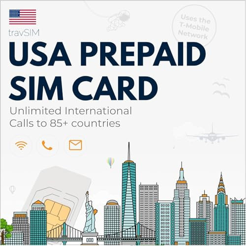 travSIM Carte SIM USA | 12 Go de données Mobiles | Appels locaux et SMS illimités | Appels internationaux illimités vers Plus de 85 Pays | Carte SIM Prépayée USA 30 Jours