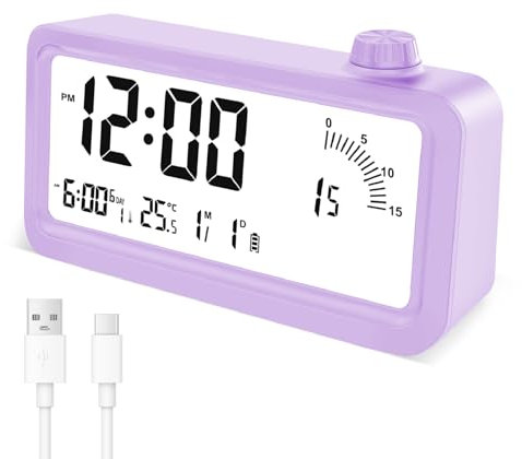 Cuteefun Temporizador Visual, Reloj Despertador Digital Recargable, 60 Minutos Cuenta Atrás, 3 Modos de Alarma, Visualización de Temperatura y Fecha, Timer para Niños, Estudio, Cocina, Morado
