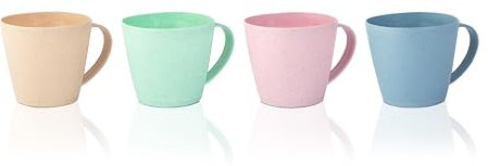 GWOZI Kaffeetassen aus Weizenstroh - Unzerbrechliche Kaffeetasse Set von 4 - Leichte Tassen für Kaffee, Tee, Suppe, Wasser, Mundwasser - Wiederverwendbare Kunststoffbecher mit Griffen für Küche & Bad