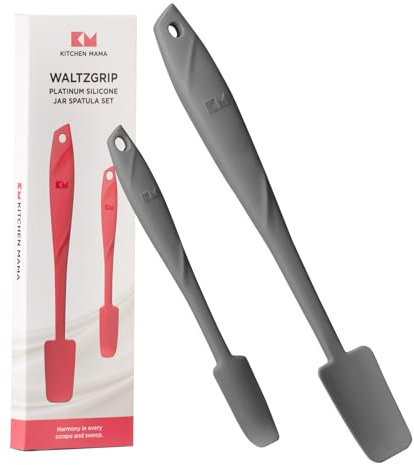 Ensemble de spatules en silicone pour récipients et boîtes Kitchen Mama : résiste à la chaleur, passe au lave-vaisselle, poignée ergonomique, parfait pour mélanger, Platinum WaltzGrip (Gris métal)
