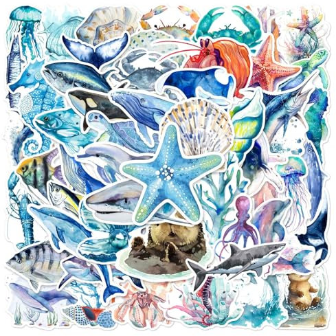 Calkrer 100 Stück Ästhetische Marine Stickers Scrapbook zubehör. Wasserfest selbstklebend Fisch Aufkleber Unterwasser Lebensaufkleber Ozean Aufkleber.