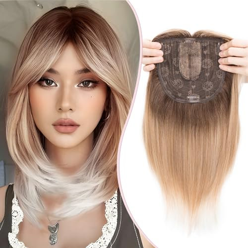 S-noilite Hair Toppers für Frauen,Toupet Toppers Haarverlängerung Haarteile Perücken mit Fransen,Haartopper Basis 15x15cm, Clip in Haarteile, Glatt 35cm 120g Braun Gemischt Blond bis Weißwurzel