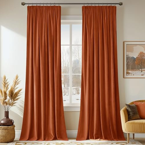 MIULEE Samtvorhang mit Kräuselband 2er Set 140X245 cm, Schöne Dicke und Schwere Wohnzimmer Schlafzimmer Deko Blickdichte Vorhänge, Orange-rot Samt Gardinen Verdunkelung Thermovorhang Samt kräuselband