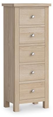 RoselandFurniture Farro Washed Oak 5 Drawer Tallboy for Bedroom | Fully Assembled, Slim Wooden Storage, Solid Wood Finish, Coastal Farmhouse Style, H115cm W45cm D32cm