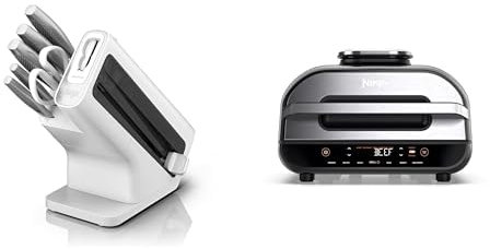 Bloc-couteaux Ninja Foodi StaySharp avec Affûteur, 6 Pièces Aiguisés, en Acier Inoxydable, K62006EUWH + Ninja Foodi MAX PRO Grill, Plancha et Friteuse à air avec sonde de cuisson numérique, AG651EU