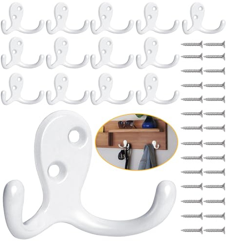 Homanu Paquete de 14 ganchos para abrigos, ganchos de pared de doble punta resistentes con 28 tornillos, ganchos de pared de metal blanco no se oxidan para colgar toallas, abrigos, bolsos, sombreros