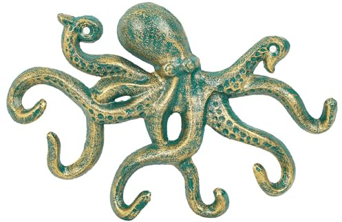 Sungmor Gusseisen-Schlüsselhalter für die Wand, dekorativer Oktopus-Aufhänger mit 6 Haken, Vintage-Grün, Wandhaken für Handtuch, Bademantel, Halsketten, Geldbörse, Hundeleinen, Badezimmer, nautische
