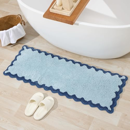 ORTIGIA Langer, niedlicher Badezimmerteppich, Läufer, lustig, blau, Plüsch, Mikrofaser, Jakobsmuschel-Badematte, rutschfest, waschbar, schnell trocknend, saugfähig, Teppich für Badewanne, Waschbecken,