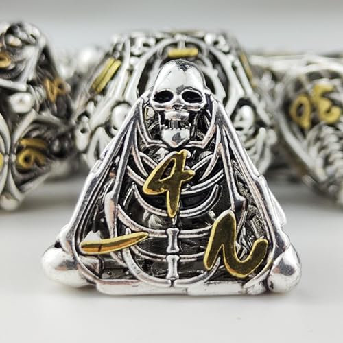 Polyedrisches Würfelset mit hohlem Totenkopf-Motiv, aus Metall, Dungeons und Dragons, Würfel, Geschenke, 7-teiliges Rollenspiel-Würfel-Set für D&D-Tischspiele, Karten, Pathfinder (Silber und Gold)