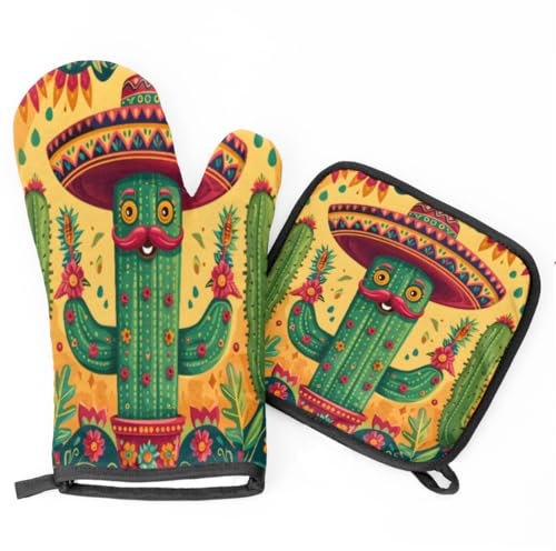 Ofenhandschuhe Kunst-Kaktus-Cowboy Kochhandschuhe Waschbare Grillhandschuhe Premium Qualität Topfhandschuhe Für Grillen Backen Kochen