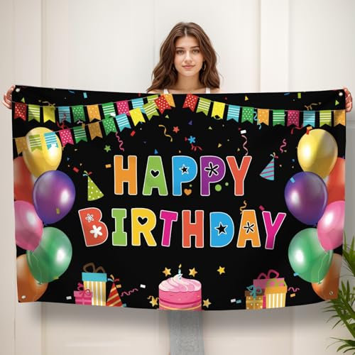 Koliphy Cartel de feliz cumpleaños, decoración de cumpleaños, pancarta de fondo de mano extra grande para fiesta de cumpleaños, cabina de fotos, póster decorativo para niños (color negro)