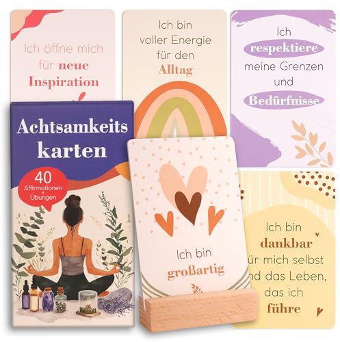 40 Achtsamkeitskarten für Erwachsene mit Holzständer, Positive Affirmationen + Übungen , Achtsamkeit Geschenk für Frauen für positive Gedanken, Persönlichkeitsentwicklung, Motivation, Selbstliebe