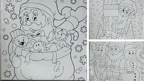 Weihnachtliche Leinwand zum Ausmalen, vorgezeichnete, vorgezeichnete, gespannte Kinder-Leinwand zum Bemalen, 25 cm x 25 cm, 1 Leinwand, zufällig ausgewählt (Weihnachten)