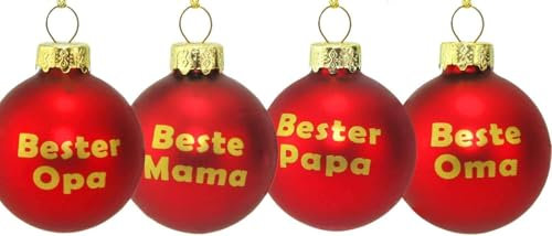 MC-Trend Set: 4 personalisierte Weihnachtskugeln aus Glas – Mama, Papa, Oma & Opa. Rote, Matte Kugeln mit edler Goldener Schrift – perfekt für die Familie