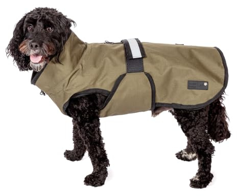 Danish Design 3-in-1 Dog Coat Olive, 41cm (16in) - All Weather, Waterpoof, Fleece-Lined, Reflective Raincoat for Dogs
