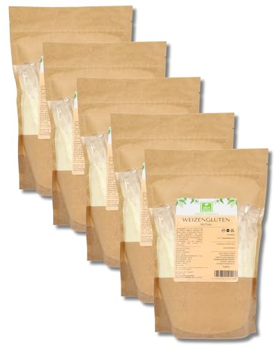 Weizengluten 5kg Weizenkleber Seitan Basis Gluten Pulver von Green Essence | Seitanpulver veganer Fleischersatz, Weizenkleber Glutenpulver natürlich Verdickungsmittel, pflanzlich, Weizeneiweiß 5x 1kg