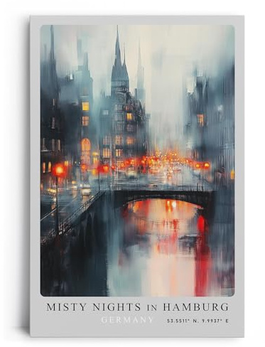 Paul Sinus Leinwandbild 40x60cm Misty Nights in Hamburg – Stimmungsvolle Stadtansicht mit nebelverhangenen Gebäuden, leuchtenden Straßenlichtern