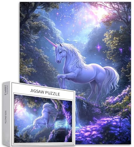 White Unicorn 1000 Piece Jigsaw Puzzles for Adults Magic Forest Scene Art Jigsaw Puzzle Challenging Family Activity Games Colorful DIY Craft Puzzle for Home Decor Gifts 50×70cm