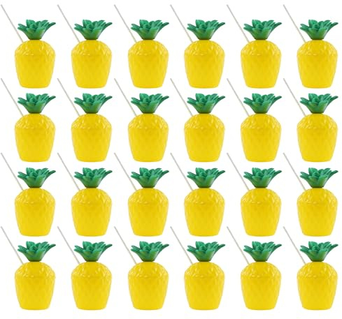 Ananasbecher mit Strohhalm – 24 Stück – gelbe Ananas-Trinkbecher mit angenähtem grünem Stiel und Papierstrohhalm – perfekt für tropische Strandpartys, Luau und Spaß am Pool
