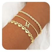 VIROMY Gold Bracelets for Women 14K Gold Plated M Initial Layered Bracelet Minimalist Twisted Rope Heart Bead Link Dainty Name Jewellery Gifts for Her