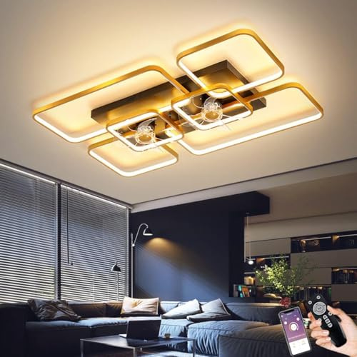 Deckenventilatoren Mit Lampen, Led-Ventilator Deckenventilator Mit Lampe Wohnzimmerventilator Deckenleuchte Moderner Ruhiger Deckenventilator Mit Beleuchtung Ventilator Deckenleucht, Gold, 90CM