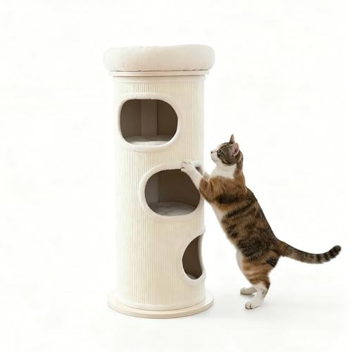 PetRhein Bamboo Tower XL Kratztonne 110 cm Kratzbaum Sisal mit Kuschelhöhle | 3 Ebenen und Aussichtsplattform, Katzenturm für große Katzen auf Kleiner Stellfläche