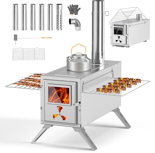 MOPHOTO Stufa a legna da campeggio, con 7 tubi inossidabili e parascintille, piccola stufa a legna per il riscaldamento all'aperto, cucinare, pesca sul ghiaccio, caccia (38 x 20 x 22 cm)