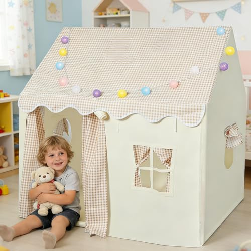 FUNYKICH Kinder Spielzelt mit Matte & Lichtern 120x100x130cm, Innen & Außen | Metallstangen, tragbar, Waschbares, Gute Belüftung, werkzeugloser Aufbau, multifunktionales Spielhaus, für 2-3 Kids, Geschenk