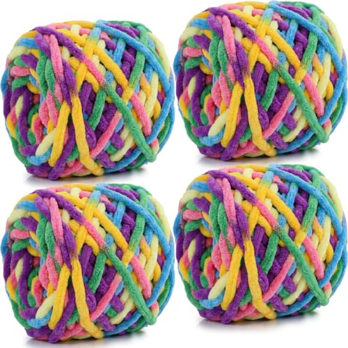 Xtrillogen 4x100g Chenille Wolle zum Häkeln,Chunky Wolle zum Stricken, Flauschig Häkelgarn Baumwolle, Bunte Chunky Yarn,Knitting Chenille Garn,Weben von Taschen, Schal,Decke(Fünf-Farben-Sektion)