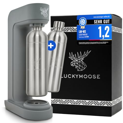 Luckymoose Infinity Wassersprudler mit 2x 1,25L langlebigen, spülmaschinenfesten Edelstahlflaschen – CO₂-sparende Sprudelwasser Maschine – Kompatibel mit den blauen 60l CO₂-Zylindern
