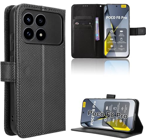 Rojeuinn Hülle für Xiaomi Poco F8 Pro Handyhülle-Hülle Stoßfest Case Cover-Handy Case in Premium Kohlefaser [Klappbar Flip] [Standfunktion Tasche] -Schwarz