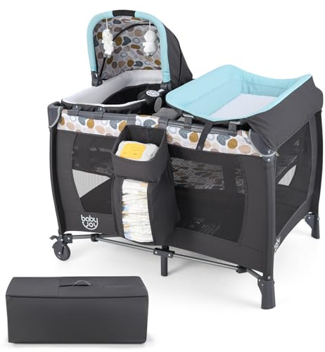 DREAMADE 5-in-1 Reisebett Baby, Beistellbett mit Matratze, Wickelauflage, Rollen & Tragetasche, Babybett mit Musikbox & Hängespielzeug, für Neugeborene und Kleinkinder (Blau)