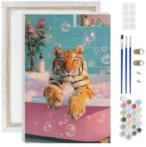 AIRDEA Tiger Bathtub Paint by Numbers for Adults, Pastel Bubbles Painting by Numbers for Adults, DIY Acrylic Pigment Drawing Paintwork Arts and Crafts Painting Kit for Home Decor 8x12 inch (Framed)