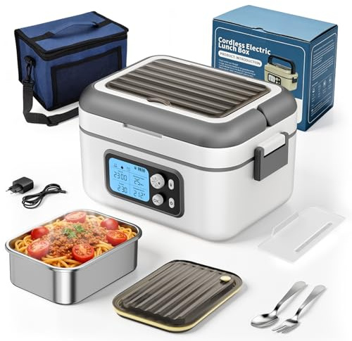 Fiambrera Eléctrica, 1.5L Inteligente Lonchera Térmica con Pantalla Táctil, Lonchera Térmica Inalámbrica con Platos de Acero Inoxidable y Bolsa Térmica, Ideal para la Oficina/Viajes/Camping