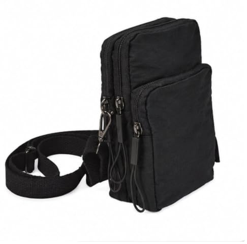 Lorenz Kleine Crossbody-Tasche für Damen, kompakte Reisetasche mit Doppelreißverschluss, leichte Nylon-Umhängetasche mit 3 Reißverschlussfächern, verstellbarem Riemen, 16 x 10 x 6 cm, Schwarz , Small