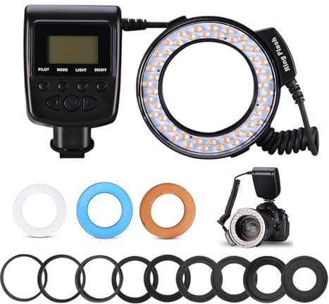 Ring Flash,48 Macro LED Ring Flash Light with Flash Diffusers,Adapter Rings for Canon Nikon Fuji Pentax Olympus and Other DSLR Cameras