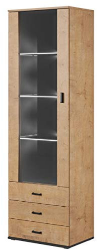 Vitrine mit Weißer LED Beleuchtung SOHO S1 Vitrinenschrank Standvitrine Stauraumvitrine Glasvitrine Schrank Wohnzimmerschran (Lefkas Eiche/Schwarz)