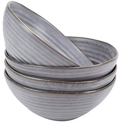 Modern Chic Ribbed Ceramic Stoneware Dinnerware Bowls Set of 4 - Slate Grey