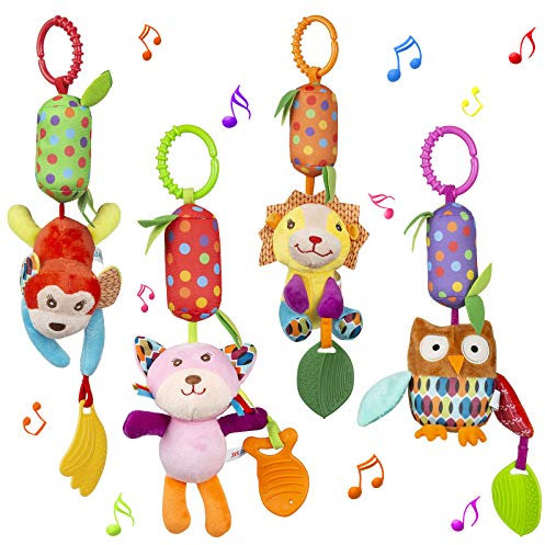 WolinTek Baby Kinderwagen Spielzeug mit Glöckchen,4Pcs Baby Spielzeug Kinderwagen Spielzeug Kinderbett Anhänge Cartoon Tier hängen Rassel Kleinkind Spielzeug,Lernspielzeug für Neugeborene